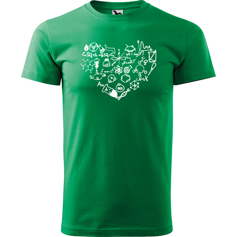 Ručně malované pánské bavlněné tričko - Chemikovo Srdce Barva trička: STŘEDNĚ ZELENÁ, Velikost trička: XS, Barva motivu: BÍLÁ