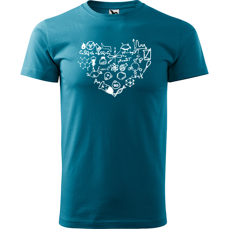 Ručně malované pánské bavlněné tričko - Chemikovo Srdce Barva trička: TMAVĚ TYRKYSOVÁ, Velikost trička: M, Barva motivu: BÍLÁ