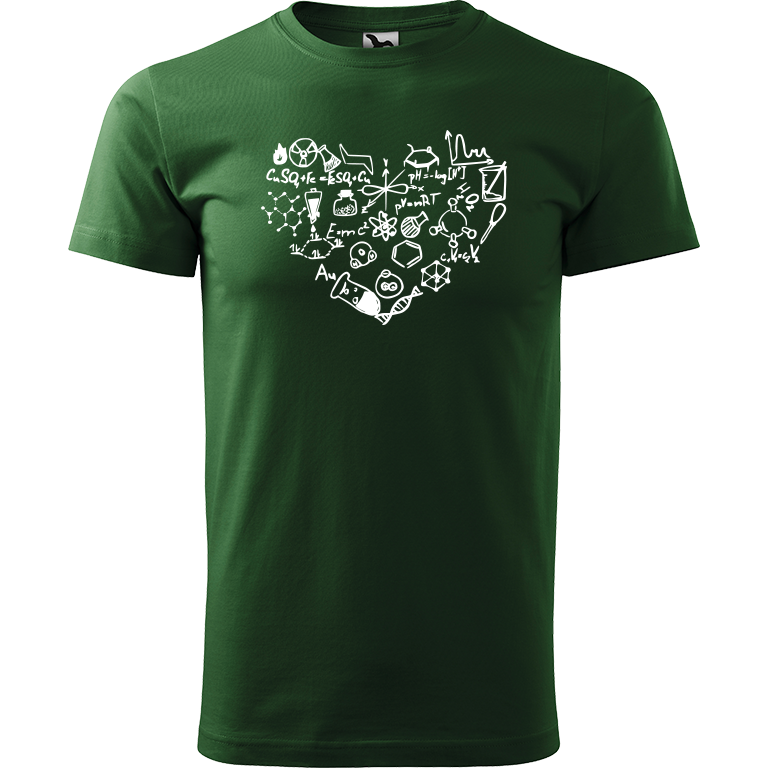 Ručně malované pánské bavlněné tričko - Chemikovo Srdce Barva trička: TMAVĚ ZELENÁ, Velikost trička: L, Barva motivu: BÍLÁ