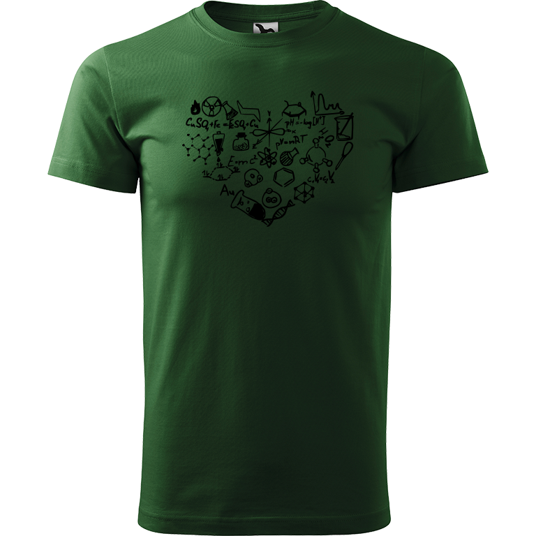 Ručně malované pánské bavlněné tričko - Chemikovo Srdce Barva trička: TMAVĚ ZELENÁ, Velikost trička: L, Barva motivu: ČERNÁ