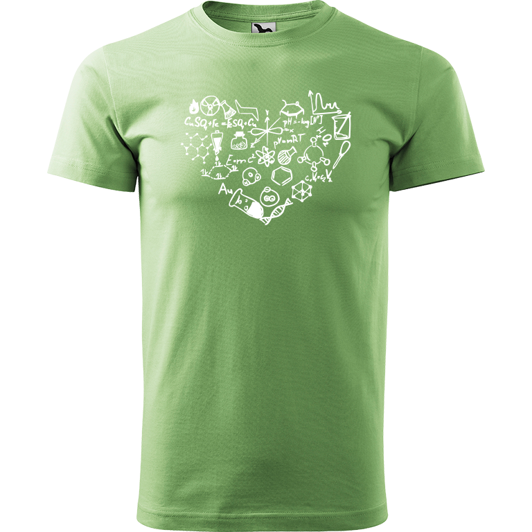 Ručně malované pánské bavlněné tričko - Chemikovo Srdce Barva trička: TRÁVOVĚ ZELENÁ, Velikost trička: S, Barva motivu: BÍLÁ