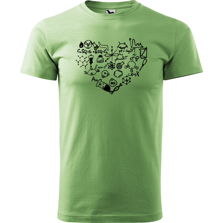 Ručně malované pánské bavlněné tričko - Chemikovo Srdce Barva trička: TRÁVOVĚ ZELENÁ, Velikost trička: XXL, Barva motivu: ČERNÁ