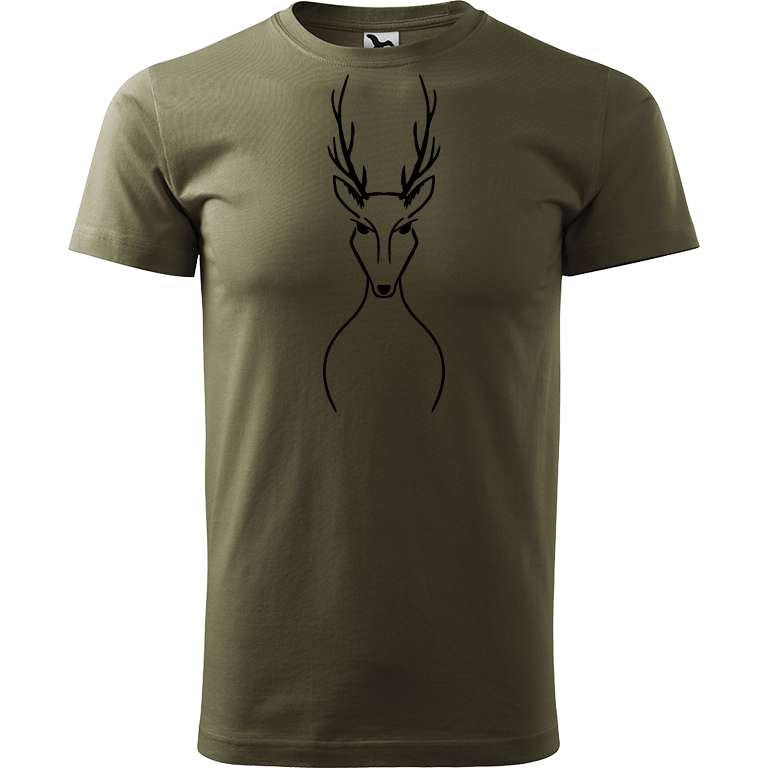 Ručně malované pánské bavlněné tričko - Jelen Barva trička: ARMY, Velikost trička: XL, Barva motivu: ČERNÁ