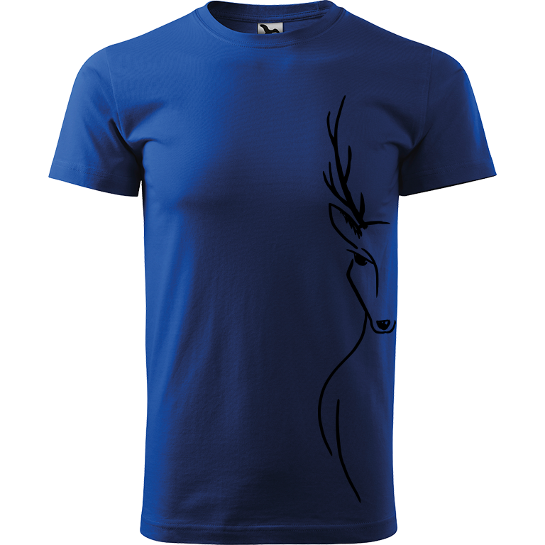 Ručně malované pánské bavlněné tričko - Jelen na boku Barva trička: MODRÁ, Velikost trička: L, Barva motivu: ČERNÁ