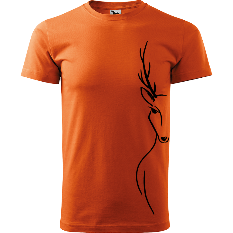 Ručně malované pánské bavlněné tričko - Jelen na boku Barva trička: ORANŽOVÁ, Velikost trička: XL, Barva motivu: ČERNÁ