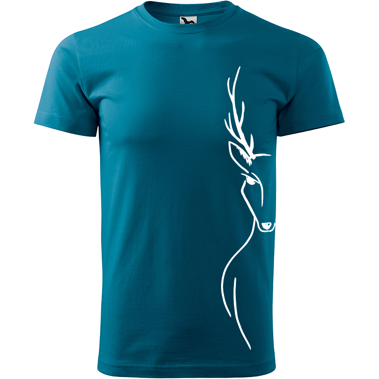 Ručně malované pánské bavlněné tričko - Jelen na boku Barva trička: PETROLEJOVÁ, Velikost trička: XL, Barva motivu: BÍLÁ