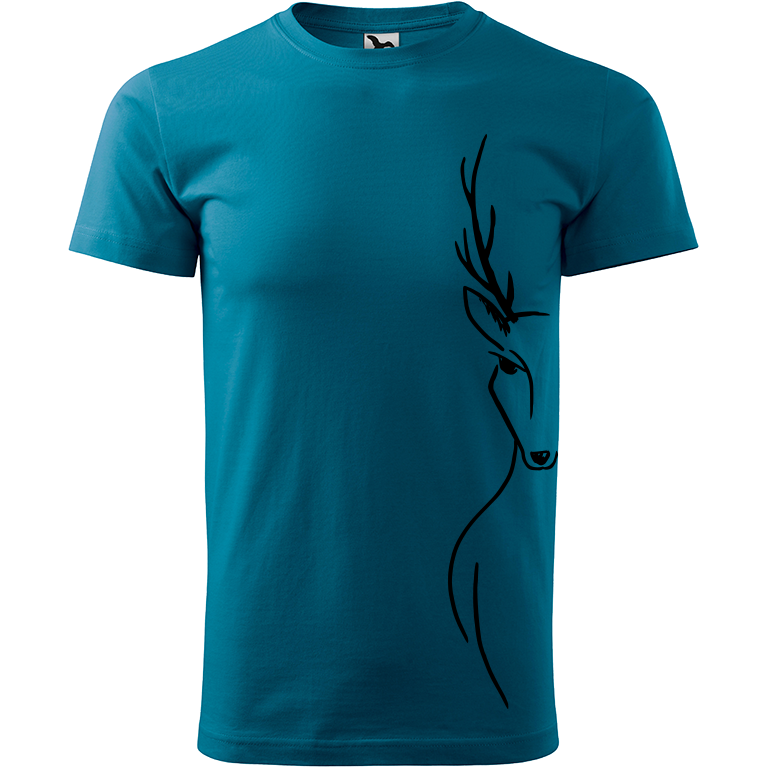 Ručně malované pánské bavlněné tričko - Jelen na boku Barva trička: PETROLEJOVÁ, Velikost trička: XL, Barva motivu: ČERNÁ