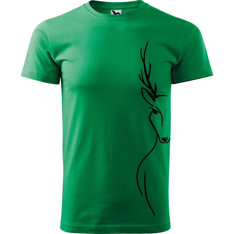 Ručně malované pánské bavlněné tričko - Jelen na boku Barva trička: STŘEDNĚ ZELENÁ, Velikost trička: XL, Barva motivu: ČERNÁ