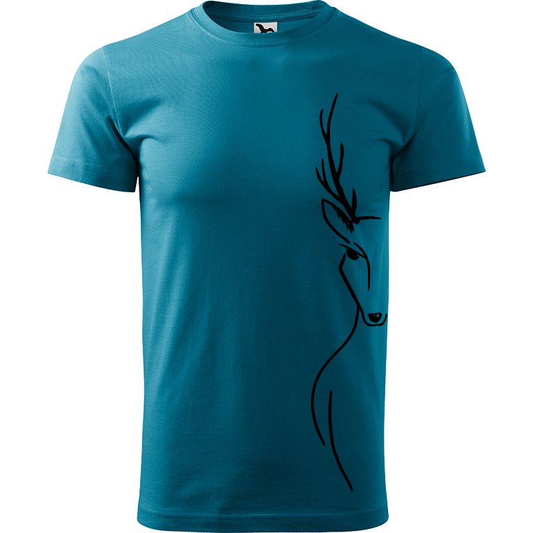 Ručně malované pánské bavlněné tričko - Jelen na boku Barva trička: TMAVĚ TYRKYSOVÁ, Velikost trička: XXL, Barva motivu: ČERNÁ