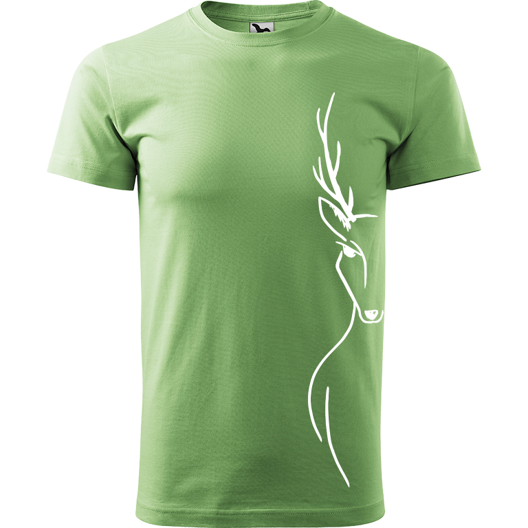 Ručně malované pánské bavlněné tričko - Jelen na boku Barva trička: TRÁVOVĚ ZELENÁ, Velikost trička: XL, Barva motivu: BÍLÁ
