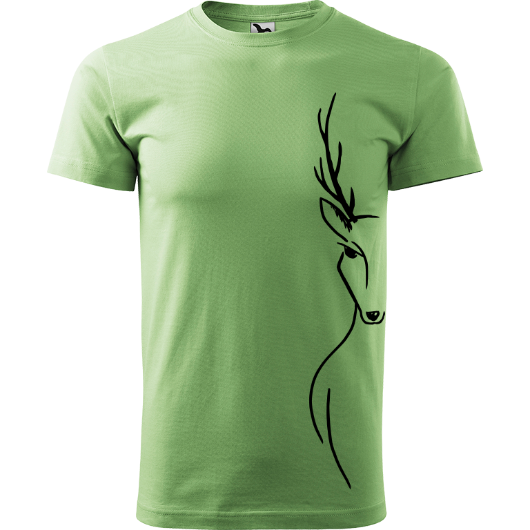 Ručně malované pánské bavlněné tričko - Jelen na boku Barva trička: TRÁVOVĚ ZELENÁ, Velikost trička: M, Barva motivu: ČERNÁ