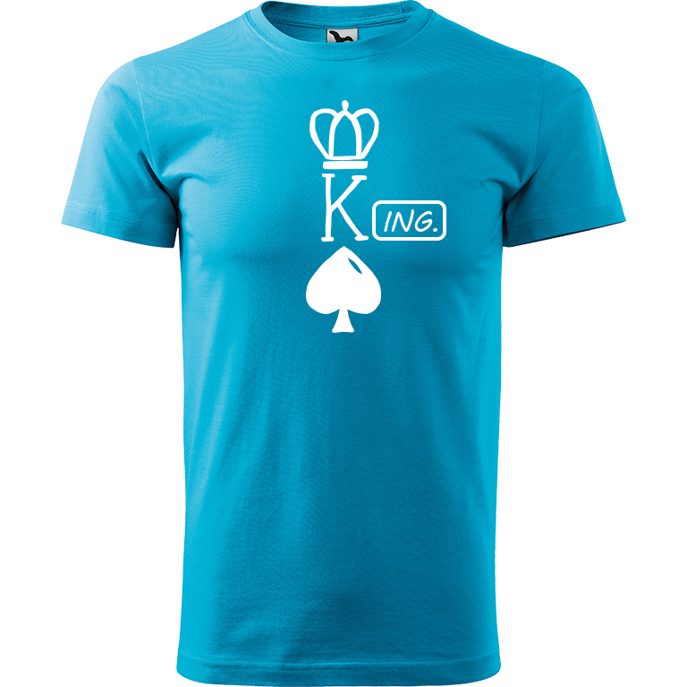 Ručně malované pánské bavlněné tričko - King - Ing. Barva trička: TYRKYSOVÁ, Velikost trička: L, Barva motivu: BÍLÁ