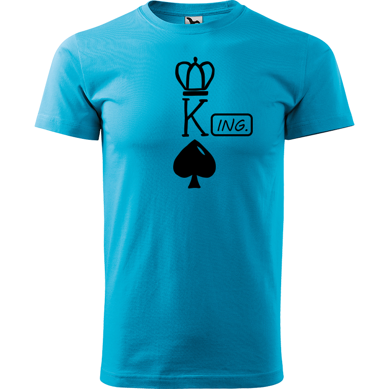 Ručně malované pánské bavlněné tričko - King - Ing. Barva trička: TYRKYSOVÁ, Velikost trička: XS, Barva motivu: ČERNÁ