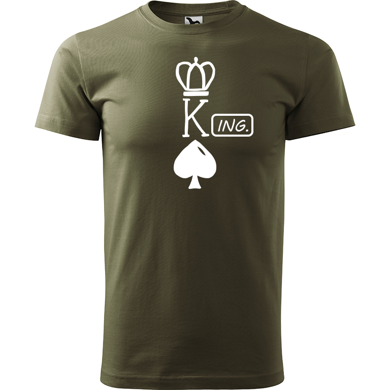 Ručně malované pánské bavlněné tričko - King - Ing. Barva trička: ARMY, Velikost trička: XL, Barva motivu: BÍLÁ