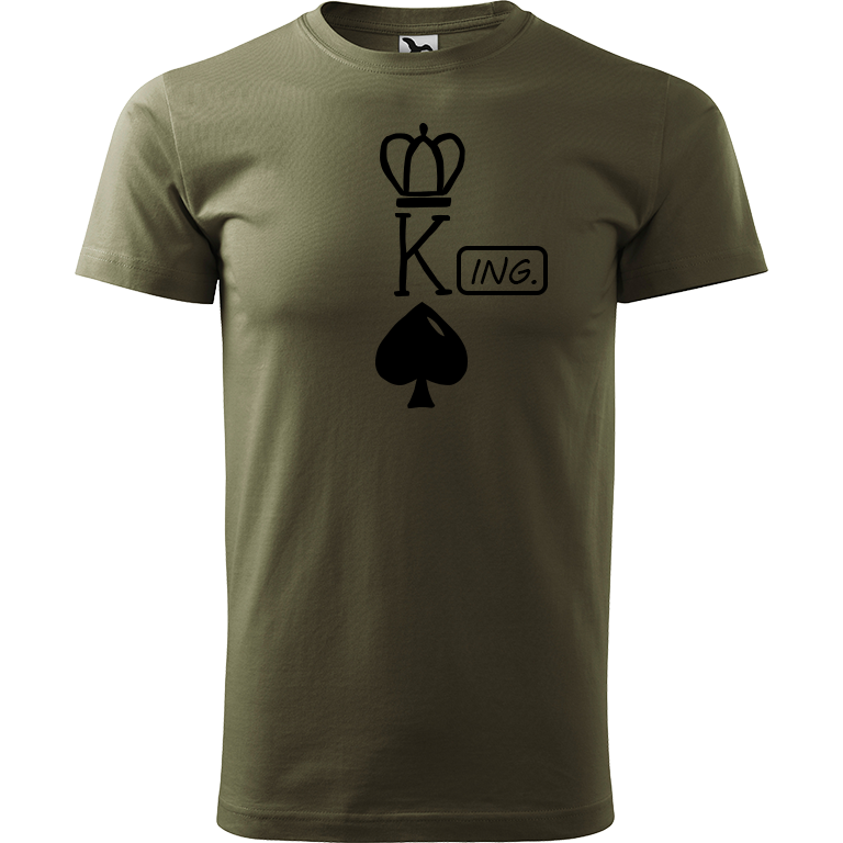 Ručně malované pánské bavlněné tričko - King - Ing. Barva trička: ARMY, Velikost trička: S, Barva motivu: ČERNÁ