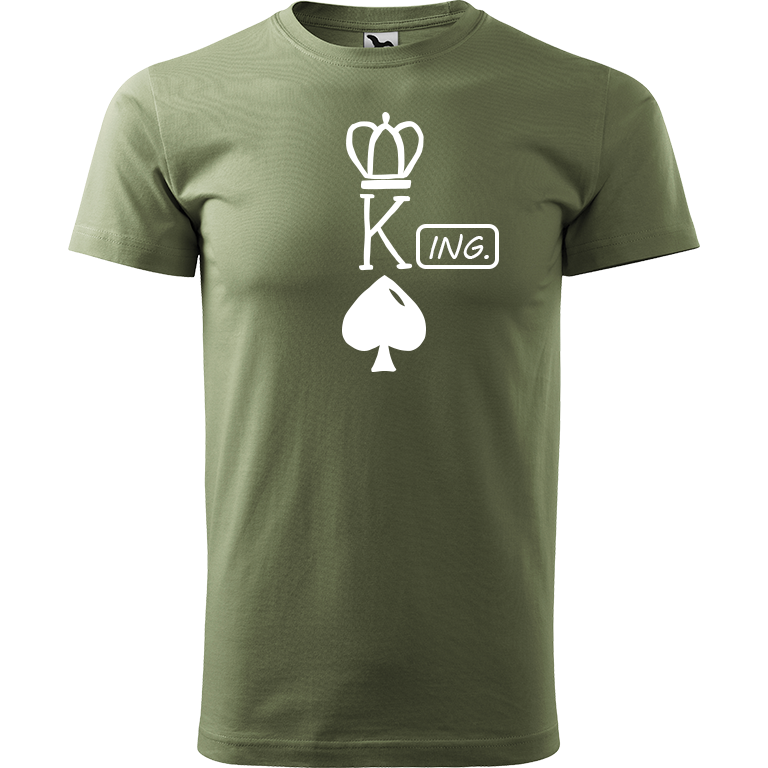 Ručně malované pánské bavlněné tričko - King - Ing. Barva trička: KHAKI, Velikost trička: L, Barva motivu: BÍLÁ