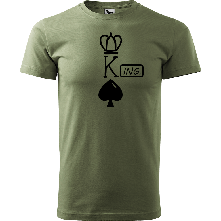 Ručně malované pánské bavlněné tričko - King - Ing. Barva trička: KHAKI, Velikost trička: M, Barva motivu: ČERNÁ