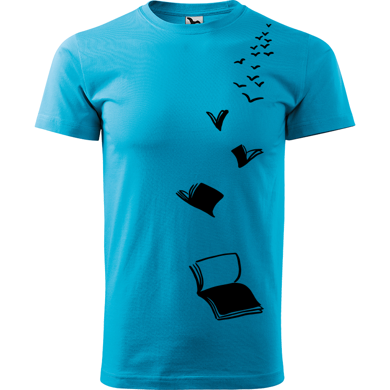 Ručně malované pánské bavlněné tričko - Knihy létající Barva trička: TYRKYSOVÁ, Velikost trička: XXL, Barva motivu: ČERNÁ