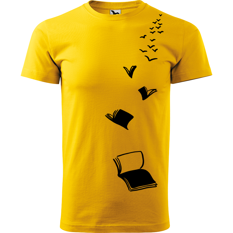 Ručně malované pánské bavlněné tričko - Knihy létající Barva trička: ŽLUTÁ, Velikost trička: S, Barva motivu: ČERNÁ