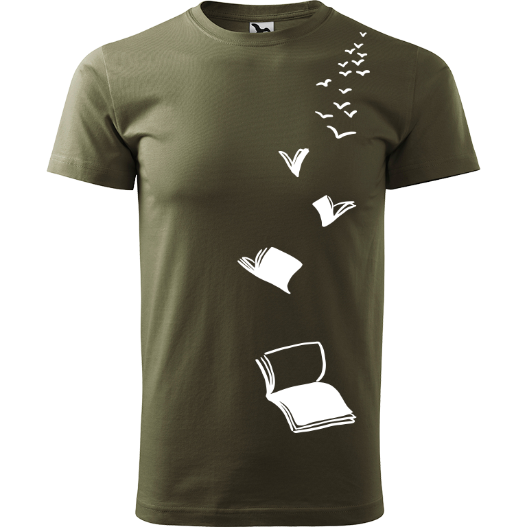 Ručně malované pánské bavlněné tričko - Knihy létající Barva trička: ARMY, Velikost trička: XL, Barva motivu: BÍLÁ