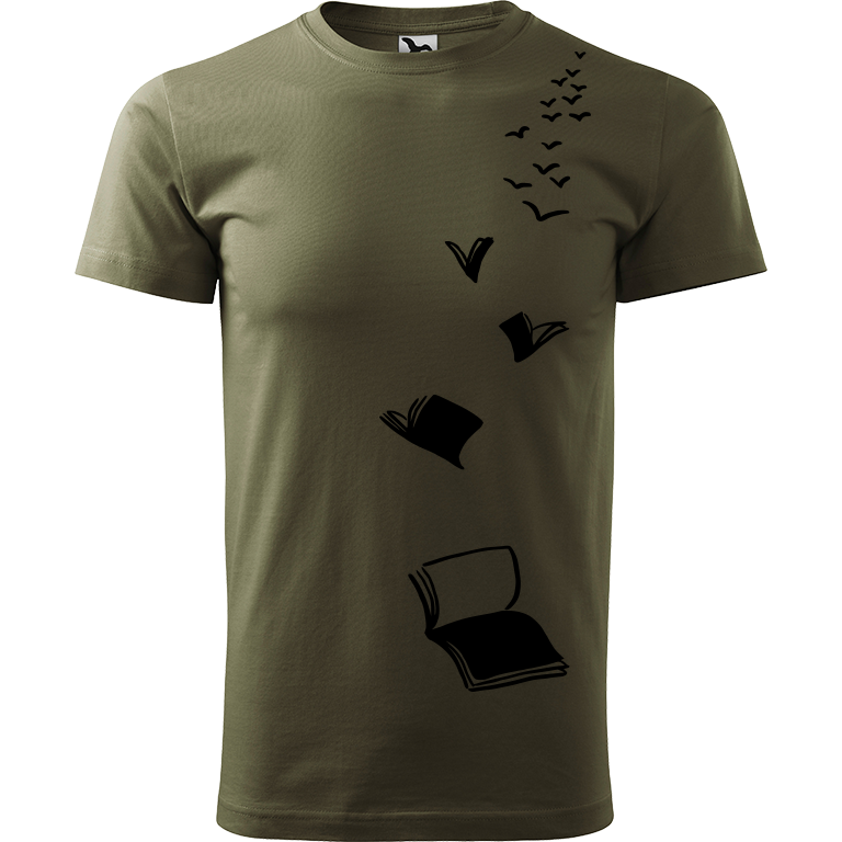 Ručně malované pánské bavlněné tričko - Knihy létající Barva trička: ARMY, Velikost trička: XL, Barva motivu: ČERNÁ