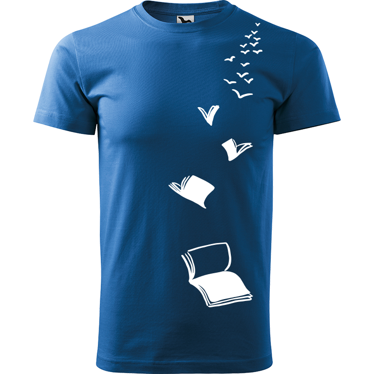 Ručně malované pánské bavlněné tričko - Knihy létající Barva trička: AZUROVÁ, Velikost trička: XXL, Barva motivu: BÍLÁ
