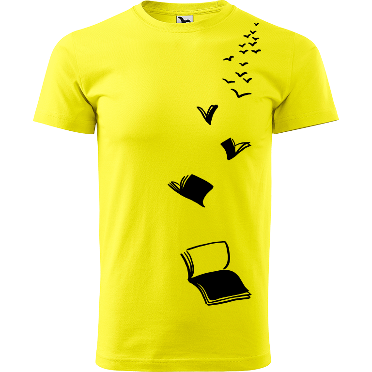 Ručně malované pánské bavlněné tričko - Knihy létající Barva trička: CITRONOVÁ, Velikost trička: XL, Barva motivu: ČERNÁ