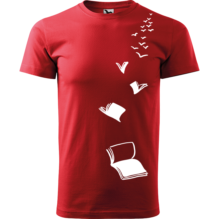 Ručně malované pánské bavlněné tričko - Knihy létající Barva trička: ČERVENÁ, Velikost trička: XL, Barva motivu: BÍLÁ