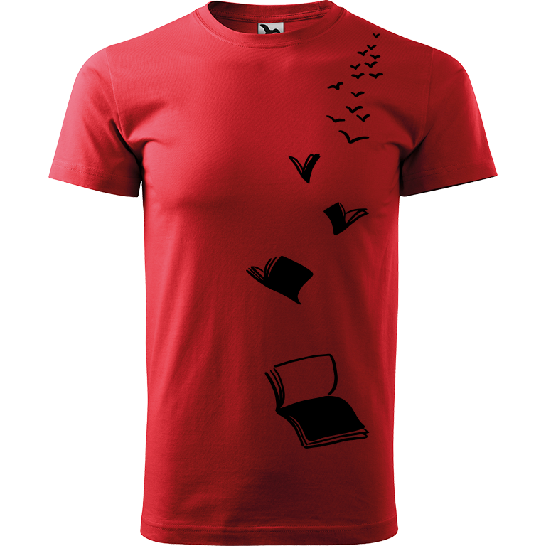 Ručně malované pánské bavlněné tričko - Knihy létající Barva trička: ČERVENÁ, Velikost trička: XS, Barva motivu: ČERNÁ