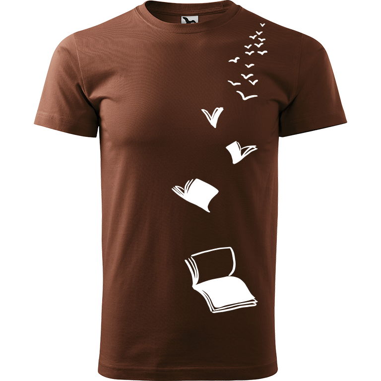 Ručně malované pánské bavlněné tričko - Knihy létající Barva trička: ČOKOLÁDOVÁ, Velikost trička: XL, Barva motivu: BÍLÁ