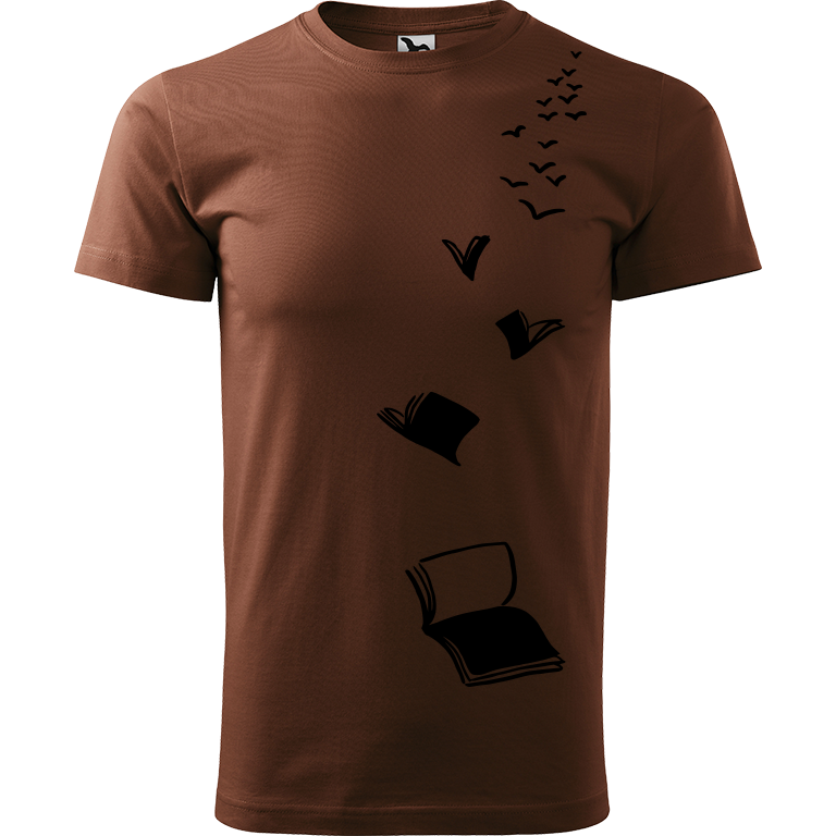 Ručně malované pánské bavlněné tričko - Knihy létající Barva trička: ČOKOLÁDOVÁ, Velikost trička: M, Barva motivu: ČERNÁ