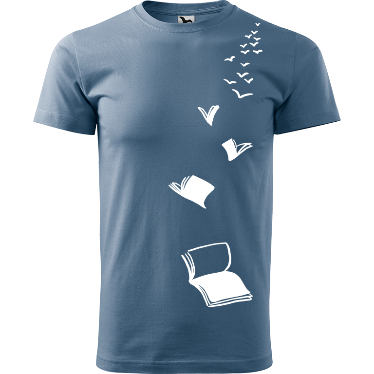 Ručně malované pánské bavlněné tričko - Knihy létající Barva trička: DENIM, Velikost trička: S, Barva motivu: BÍLÁ