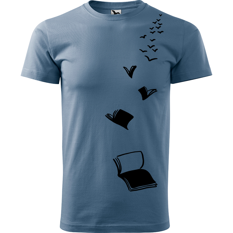 Ručně malované pánské bavlněné tričko - Knihy létající Barva trička: DENIM, Velikost trička: XXL, Barva motivu: ČERNÁ