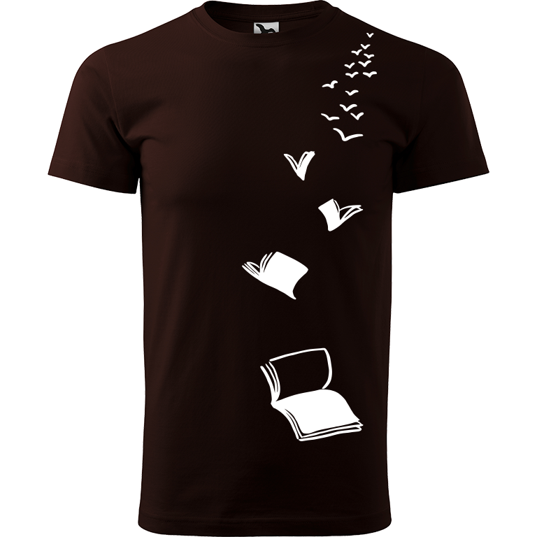 Ručně malované pánské bavlněné tričko - Knihy létající Barva trička: KÁVOVÁ, Velikost trička: L, Barva motivu: BÍLÁ