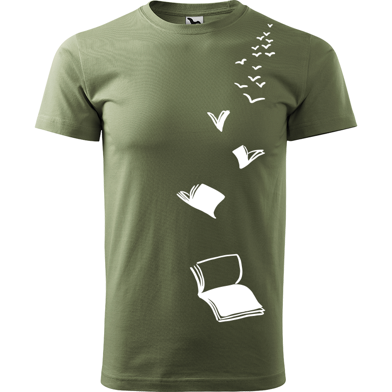 Ručně malované pánské bavlněné tričko - Knihy létající Barva trička: KHAKI, Velikost trička: XS, Barva motivu: BÍLÁ