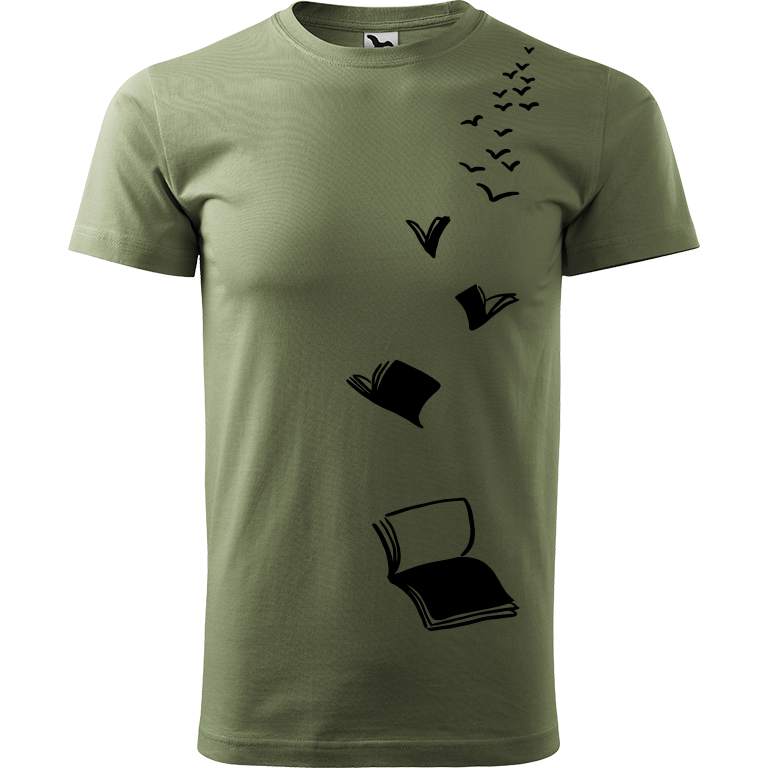 Ručně malované pánské bavlněné tričko - Knihy létající Barva trička: KHAKI, Velikost trička: M, Barva motivu: ČERNÁ