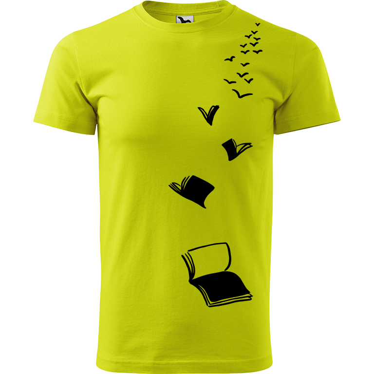 Ručně malované pánské bavlněné tričko - Knihy létající Barva trička: LIMETKOVÁ, Velikost trička: XXL, Barva motivu: ČERNÁ