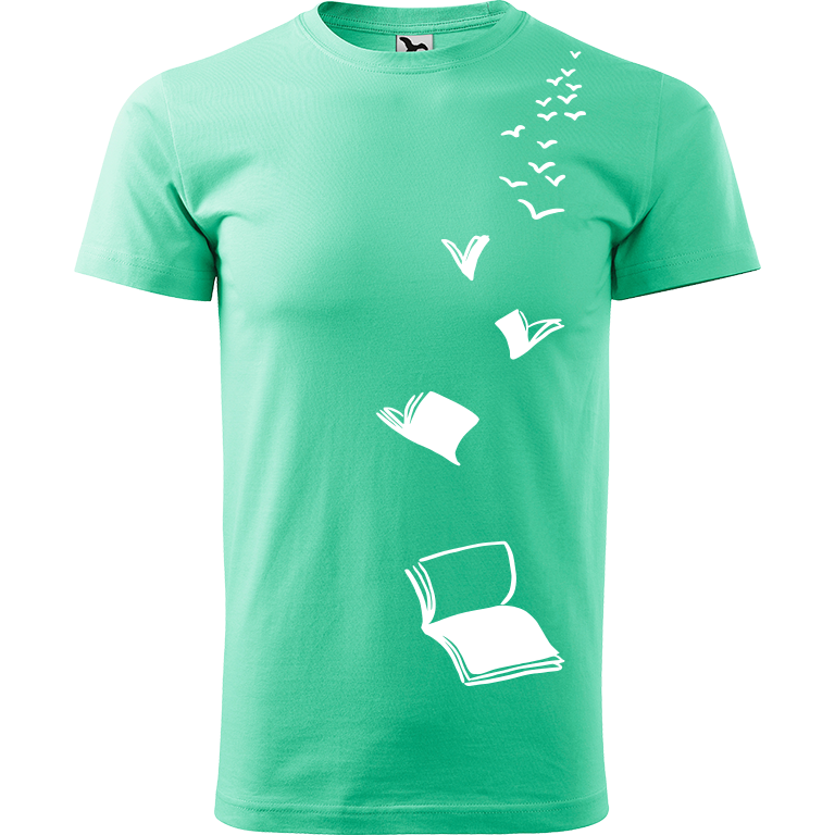 Ručně malované pánské bavlněné tričko - Knihy létající Barva trička: MÁTOVÁ, Velikost trička: L, Barva motivu: BÍLÁ