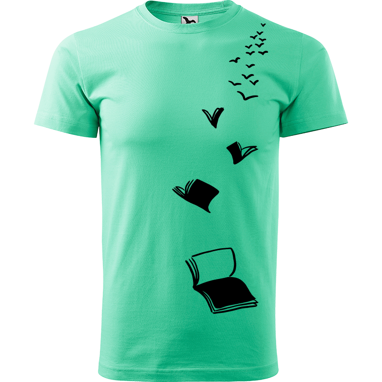 Ručně malované pánské bavlněné tričko - Knihy létající Barva trička: MÁTOVÁ, Velikost trička: XXL, Barva motivu: ČERNÁ