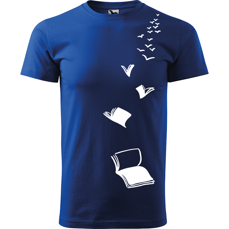 Ručně malované pánské bavlněné tričko - Knihy létající Barva trička: MODRÁ, Velikost trička: M, Barva motivu: BÍLÁ