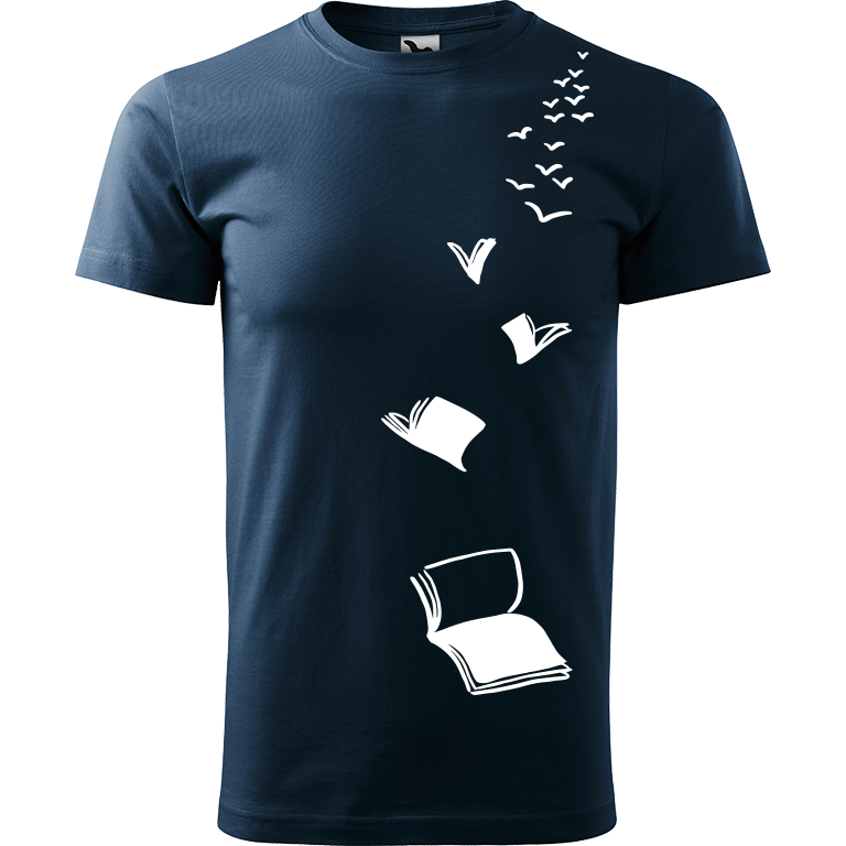 Ručně malované pánské bavlněné tričko - Knihy létající Barva trička: NÁMOŘNICKÁ MODRÁ, Velikost trička: M, Barva motivu: BÍLÁ