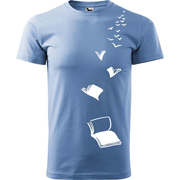 Ručně malované pánské bavlněné tričko - Knihy létající Barva trička: NEBESKY MODRÁ, Velikost trička: L, Barva motivu: BÍLÁ
