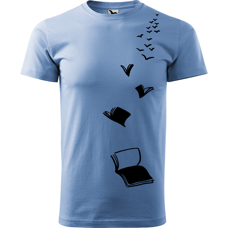 Ručně malované pánské bavlněné tričko - Knihy létající Barva trička: NEBESKY MODRÁ, Velikost trička: L, Barva motivu: ČERNÁ