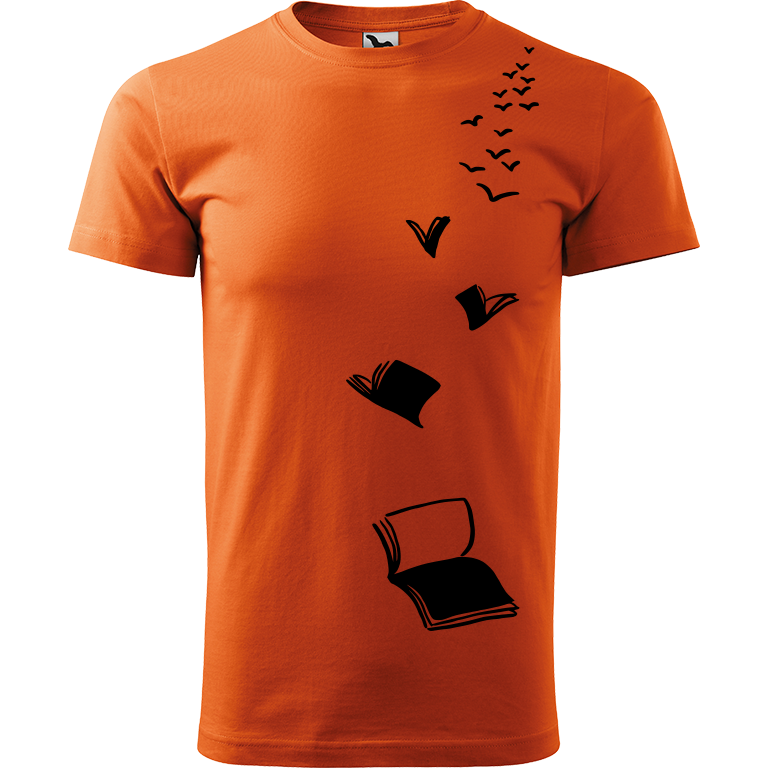 Ručně malované pánské bavlněné tričko - Knihy létající Barva trička: ORANŽOVÁ, Velikost trička: XXL, Barva motivu: ČERNÁ