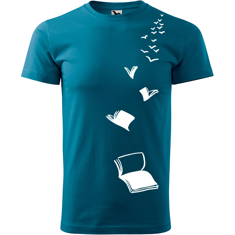 Ručně malované pánské bavlněné tričko - Knihy létající Barva trička: PETROLEJOVÁ, Velikost trička: L, Barva motivu: BÍLÁ