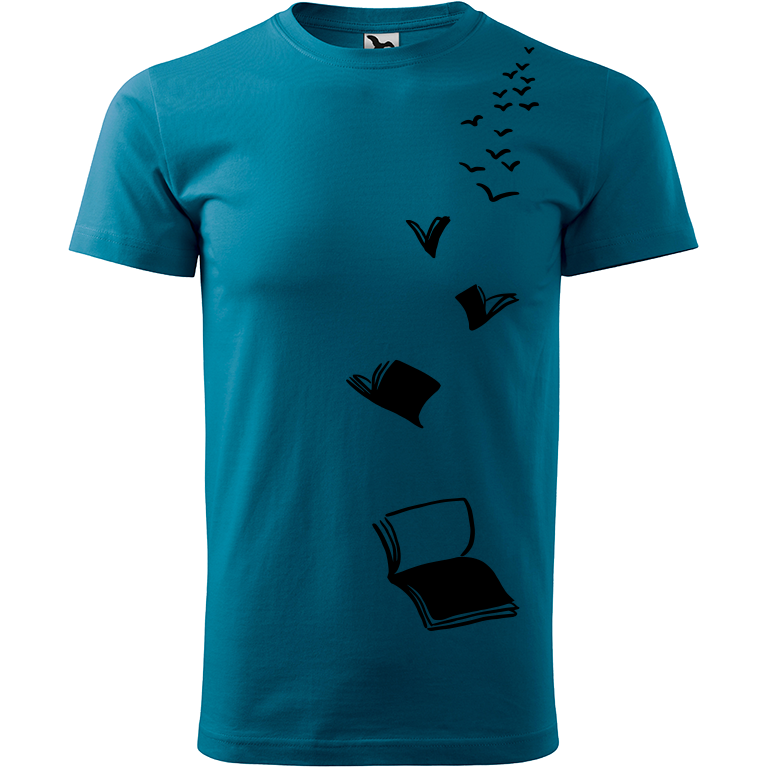 Ručně malované pánské bavlněné tričko - Knihy létající Barva trička: PETROLEJOVÁ, Velikost trička: XXL, Barva motivu: ČERNÁ