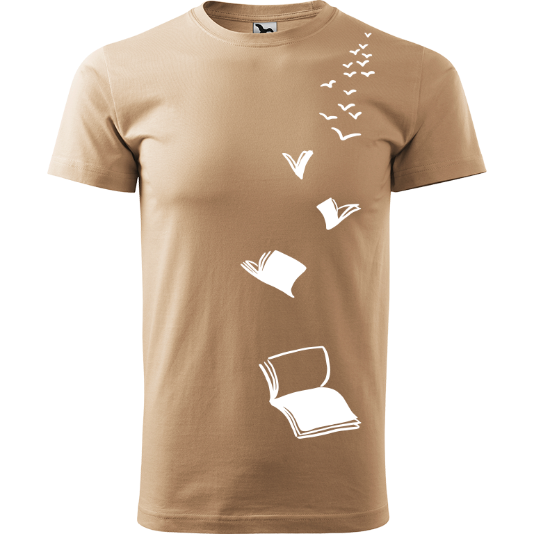 Ručně malované pánské bavlněné tričko - Knihy létající Barva trička: PÍSKOVÁ, Velikost trička: XL, Barva motivu: BÍLÁ