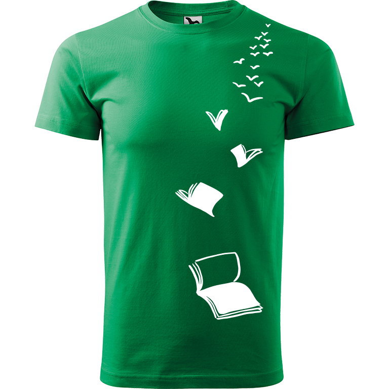 Ručně malované pánské bavlněné tričko - Knihy létající Barva trička: STŘEDNĚ ZELENÁ, Velikost trička: M, Barva motivu: BÍLÁ