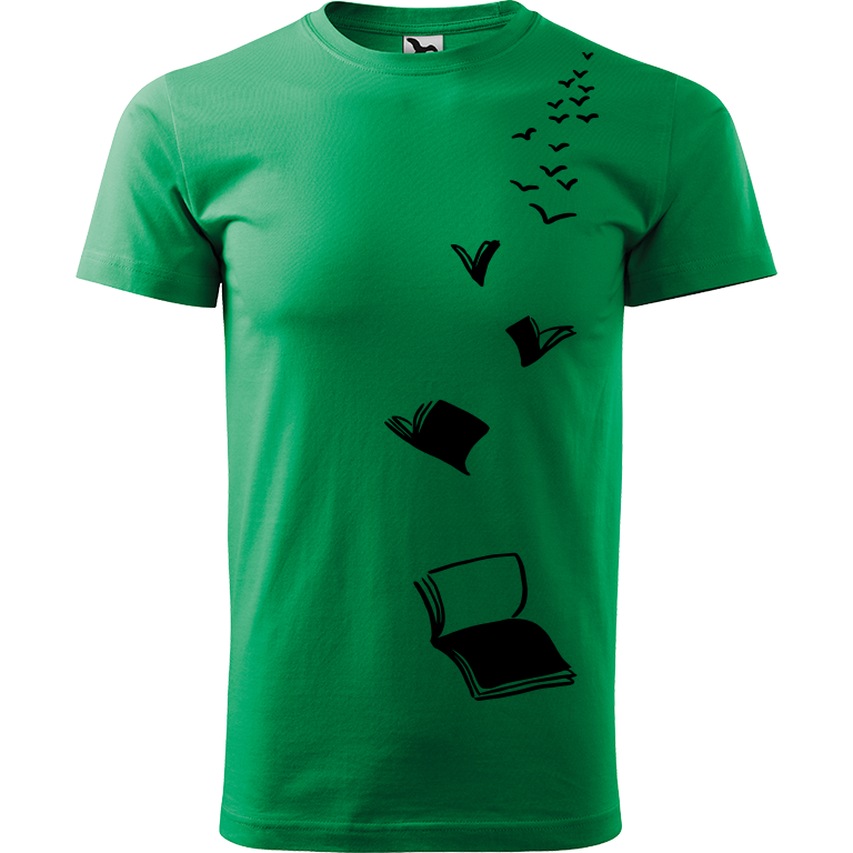 Ručně malované pánské bavlněné tričko - Knihy létající Barva trička: STŘEDNĚ ZELENÁ, Velikost trička: XL, Barva motivu: ČERNÁ