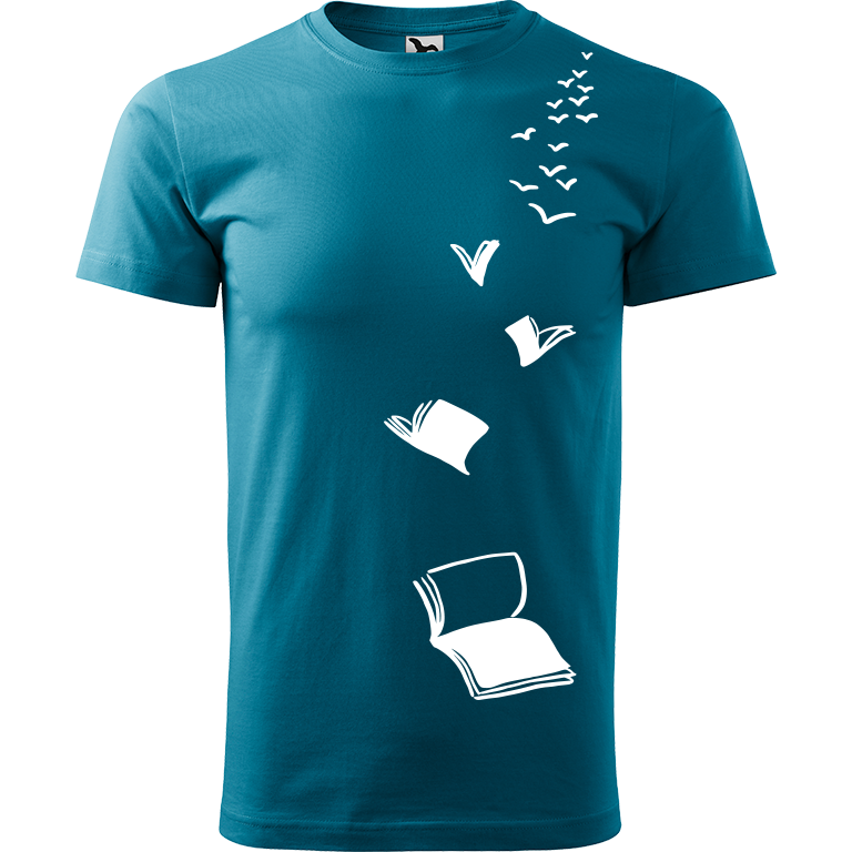 Ručně malované pánské bavlněné tričko - Knihy létající Barva trička: TMAVĚ TYRKYSOVÁ, Velikost trička: XS, Barva motivu: BÍLÁ